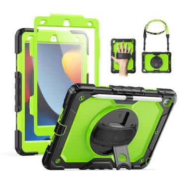 Imagem de SEYMAC Capa para iPad 9ª/8ª/7ª geração 10,2 polegadas 2021-2019, capa protetora resistente à prova de choque com protetor de tela, suporte giratório/alça de ombro para iPad 10.2, preto/verde