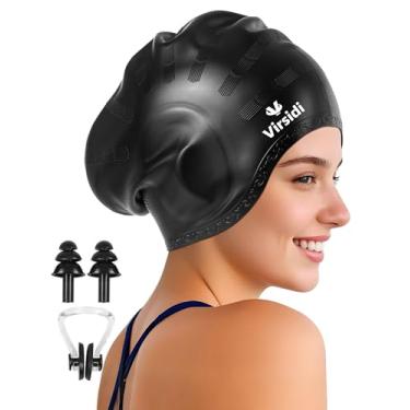 Imagem de VIRSIDI Touca de natação feminina de cabelo longo, chapéu de natação impermeável de silicone com proteção de ouvido 3D, toucas de natação unissex para adultos para manter o cabelo seco com tampões de