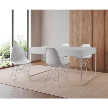 Imagem de Mesa Jantar Industrial Retangular Branca 137X90Cm Com 4 Cadeiras Brancas Base Ferro Cor: Branco