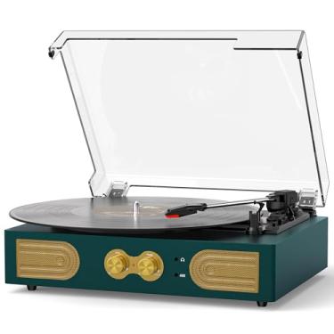 Imagem de Toca-discos de vinil com controle de graves e agudos, toca-discos vintage de 3 velocidades com alto-falantes embutidos, leitor de LP com acionamento por correia com conector de fone de ouvido, saídas