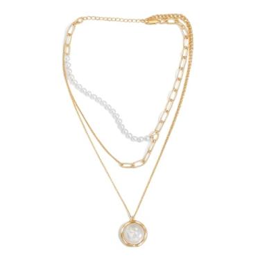 Imagem de Myrish - Colar de ouro em camadas para mulheres – Corrente de 3 camadas com pingente de pérola martelada, elos grossos e delicados – Presente de joia moderna