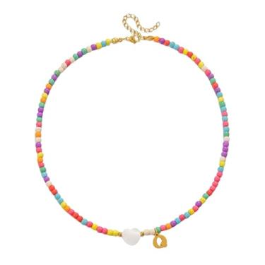 Imagem de Gargantilha feminina com contas de ouro 18 quilates - pingente de letra colorida de aço inoxidável impermeável - joia com pingente de alfabeto personalizado - Presente personalizado delicado para
