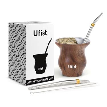 Imagem de Ufist Conjunto de copos de erva-mate, inclui cabaça mate de parede dupla de aço inoxidável com 2 canudos Bombilla e escova de limpeza, capacidade de 221 g (grão de madeira)