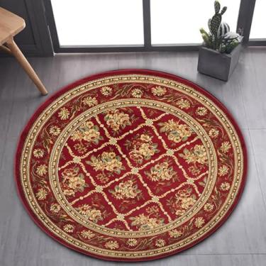 Imagem de Tapete de área estilo marroquino imitação caxemira tapete redondo tapete doméstico para decoração sala de estar quarto tapete antiderrapante fácil de cuidar, elegante padrão vermelho e dourado, 80 cm