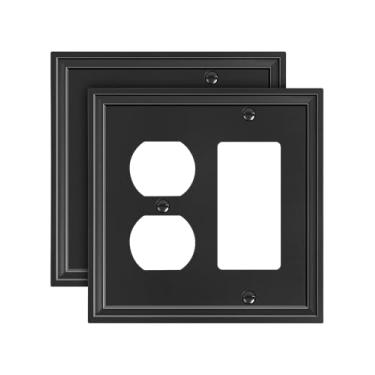 Imagem de TREEWELL Pacote com 2 placas de cobertura para interruptor de luz duplex/decorador, capas de tomada elétrica decorativas modernas pretas, placas de interruptor de parede de fibra de bambu e capas de