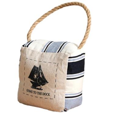 Imagem de Zovylks Batente de porta náutico, branco com listras azuis quadradas recheadas decorativas ponderadas batente com alça de corda, decoração de casa de praia (veleiro)