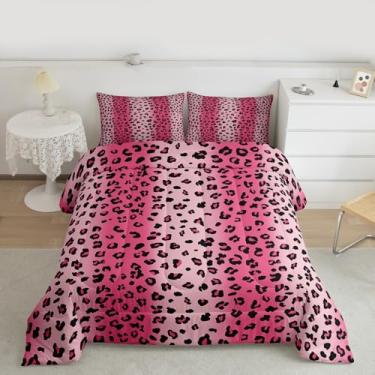 Imagem de Erosebridal Jogo de cama queen de leopardo rosa para crianças, adolescentes e adultos, estampa de chita africana, inserção de edredom rústico para casa de fazenda, conjunto de cama gradiente rosa para