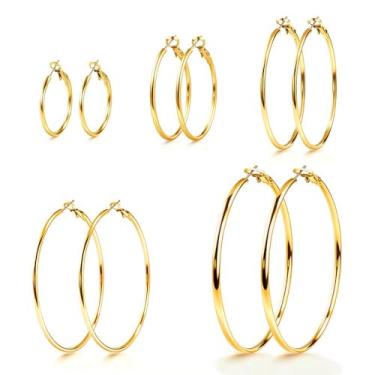 Imagem de 5 pares de brincos de argola para mulheres, conjunto de brincos banhados a ouro de aço inoxidável, argolas leves de pequeno a grande 30/40/50/60/70 mm, Aço inoxidável, Sem pedra preciosa