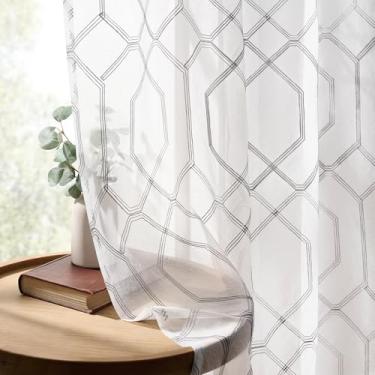 Imagem de Cortinas geométricas transparentes de 153 cm de comprimento, 2 painéis para quarto de bebê, cortinas bordadas hexagonais cinza esmagadas, filtro de luz, neutro, moderno, marroquino, treliça, varão