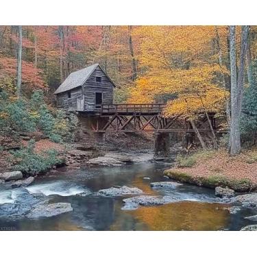 Imagem de XTXGERL Kit Paint by Numbers para adultos Creek Grist Mill Babcock State Virginia outono temporada 16x20 DIY Color by Numbers Kits de pintura em tela emoldurada para iniciantes