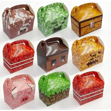 Imagem de 32 peças de caixas de presente de lembrancinhas de festa de pixel, sacos de presente com tema pixel, caixas de presente de feliz aniversário, sacos de doces para mineiro, videogame, decoração de festa