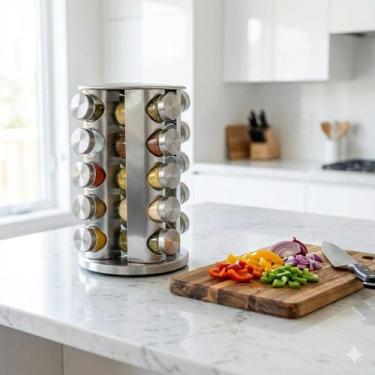 Imagem de Porta Temperos Condimentos 20 Potes Giratorio Redondo Inox - Mm House