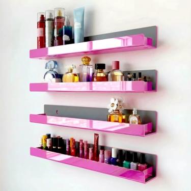 Imagem de RORKIM Pacote com 4 prateleiras de acrílico refletivas rosa de 38 cm, prateleiras flutuantes rosa, óculos de sol modernos, imagem de óleo essencial, prateleira de armazenamento de brinquedos