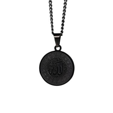 Imagem de ZUDO Colar medalhão Allah – ouro 18 K, ouro rosa 18 K, ródio prata e aço inoxidável revestido com PVD preto - corrente de cabo de 1 mm e corrente de freio de 3 mm - colar islâmico para homens e