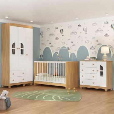 Imagem de Quarto De Bebê Completo Berço 3 Em 1 P-colchão 130x60cm Aurora Multimóveis MP4560 Madeirado-branco