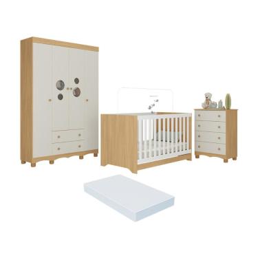 Imagem de Quarto De Bebê Completo Berço Americano 3x1 Colchão Suspiro Multimóveis MP4636 Madeirado-off White