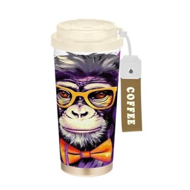 Imagem de YETTASBIN Caneca de café Monkey com isolamento térmico de 482 g com tampa canudo, copo à prova de derramamento e vazamento com alça para bebida quente e fria, garrafa de água de aço inoxidável