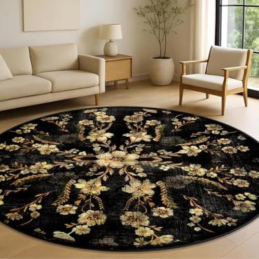Imagem de Castage Tapete redondo preto grande de 1,8 m, tapetes florais boho para quarto, sala de estar, sala de jantar, lavável, vintage, boêmio, envelhecido, círculo oriental, antiderrapante, flores douradas