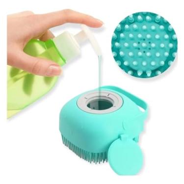 Imagem de Escova Banho Pet Silicone com Dispenser Shampoo Massageadora - Para Cães Gatos Limpeza Massagem Reservatório 80ml