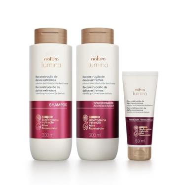 Imagem de Lumina Kit Reconstrução de Danos Extremos, Shampoo 300ml, Condicionador 300ml, Máscara 50ml, Cabelos Quimicamente Danificados