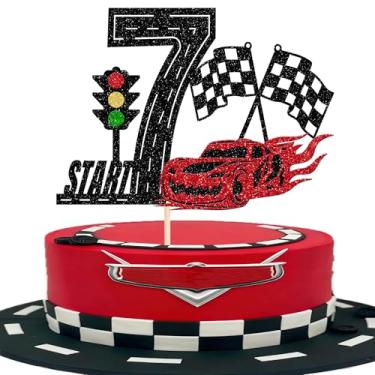 Imagem de 1 pacote de topo de bolo de carro de corrida 7º aniversário glitter semáforo carro de corrida bandeira quadriculada escolha de bolo decorações de bolo de sete anos para tema de corrida chá de bebê