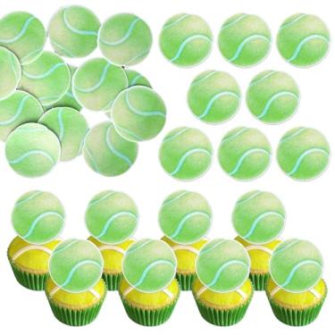 Imagem de 60 Pack Edible Tennis Balls Cupcake Toppers Wafer Paper Sports Ball Cupcake Picks Decoration for Tennis Sports Ball Theme Baby Shower Birthday Party Cake Decorations Supplies