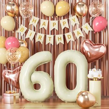 Imagem de Decorações de aniversário de 60 anos retrô rosa sessenta areia branca creme aniversário balões feliz 60º bandeira ouro rosa número 60 balão para mulheres de 60 anos decoração de festa de aniversário