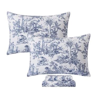 Imagem de FADFAY Jogo de lençol Cal King clássico azul e branco 100% algodão egípcio campestre francês Toile de Jouy Pastoral Scenic Farmhouse Lençóis de bolso profundo respirável macio para todas as estações 4