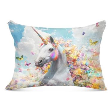 Imagem de Capas de almofada decorativas de unicórnio branco flor colorida flanela padrão king queen size capa de travesseiro de cama, tamanho padrão, 50,8 cm x 66 cm
