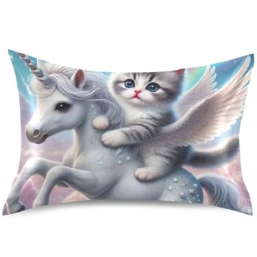 Imagem de Capas de almofada de cetim unicórnio gatinho fofo animal refrescante travesseiro padrão queen king decoração de cama, tamanho king, 101,6 cm x 50,8 cm