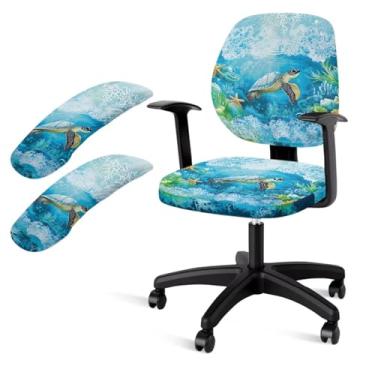 Imagem de Lotusorchid Conjunto de 4 capas de cadeira de escritório com estampa de tartaruga marinha, removível, protetora, elástica, impressa, para computador e escritório, capa para encosto de braço, azul