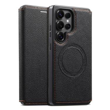 Imagem de POYUFRG Capa magnética para Samsung Galaxy S25 Ultra/S25 Plus/S25, capa carteira fina com função de suporte, capa de couro padrão de lichia, preta, S25 Plus
