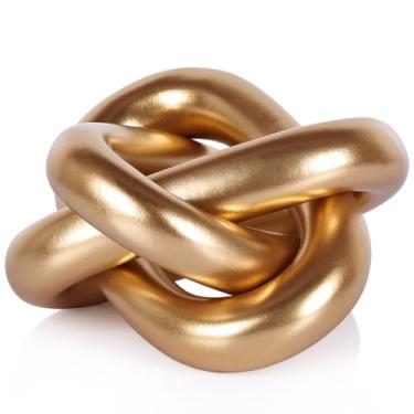 Imagem de QIANLING Decoração de nó de ouro de 3 elos - Estátuas de nó de decoração de mesa de centro esculpidas à mão, decoração de elos de corrente boho, prateleira moderna, objetos rústicos para casa, sala de