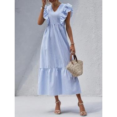 Imagem de Vestido maxi feminino listrado azul e branco com babados - vestido casual de verão em camadas com decote em V, Azul-celeste, Large