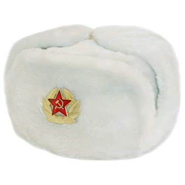 Imagem de Chapéu Ushanka de inverno de pele branca com emblema de estrela vermelha GG