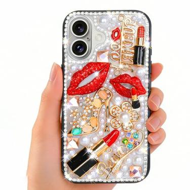 Imagem de Bonitec Compatível com iPhone 16 Bling Case para mulheres meninas luxo 3D diamante cristal strass batom lábios salto alto floral brilhante pérola glitter protetor feminino bonito designer transparente