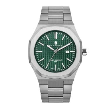 Imagem de SAPPHERO Relógio masculino octogonal de aço inoxidável 30 m à prova d'água luminoso relógio de pulso analógico de quartzo de luxo para homens com data elegante, P pulseira prata/face verde
