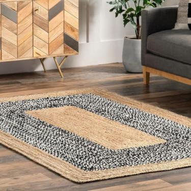 Imagem de HandloomBazzar Tapete feito à mão com fibras naturais de juta trançada à mão, boêmio, trançado, ecológico, para quarto, cozinha, sala de estar, casa de fazenda (algodão preto juta, 9,5 x 1,5 m)