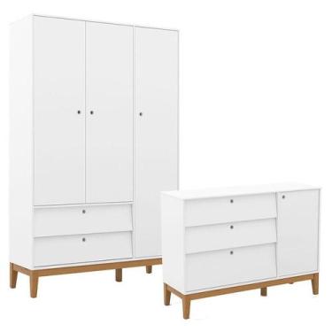 Imagem de Cômoda Sapateira e Guarda Roupa Unique 3 Portas Branco Soft Eco Wood -