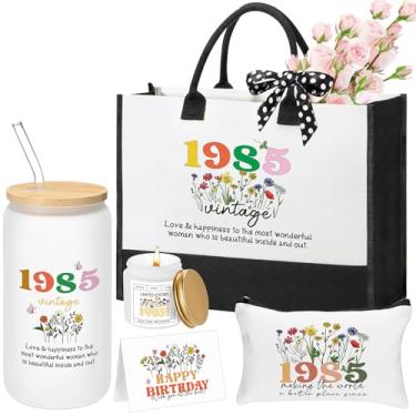 Imagem de Skylety 6 peças, presentes de aniversário de 40 anos para mulheres, copo de vidro de aniversário de 1985 com tampa e cartão de palha, bolsa de maquiagem para velas, cestas de presente fabulosas