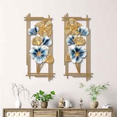 Imagem de Decoração de parede de metal com moldura dourada de folhas de ginkgo (conjunto de 2), escultura abstrata de parede de ginkgo 3D arte de metal para sala de estar, sala de jantar, banheiro