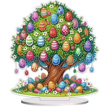 Imagem de VODAPYC Mesa de arte de diamante de Páscoa, enfeites de mesa de arte de diamante parcial em pé dupla face em forma especial para decoração de casa (árvore de ovo de Páscoa)