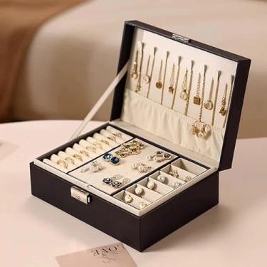 Imagem de Porta Joia Caixa Organizadora De Jóias Feminina Em Couro Com Duas Camadas/Anéis/Colar Fecho (Preto/CX2020)