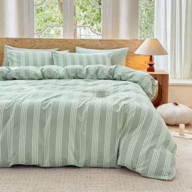 Imagem de BESTDESIL Conjunto de capa de edredom listrado verde sálvia, 100% algodão lavado, linho, super macio, chique, 3 peças, verde sálvia-branco, casal