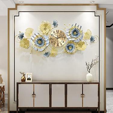 Imagem de Relógio de parede grande com paisagem azul dourado para sala de estar, folhas de ginkgo de metal 3D, flores, decoração de arte de parede, relógios de parede, esculturas para quarto, escritório