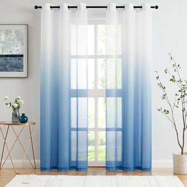 Imagem de Cortinas transparentes de chiffon ombré azul para decoração de janela de casa, painéis de cortina de semi voile enrugados, filtragem de luz, ilhós superiores, cortinas transparentes para sala de estar