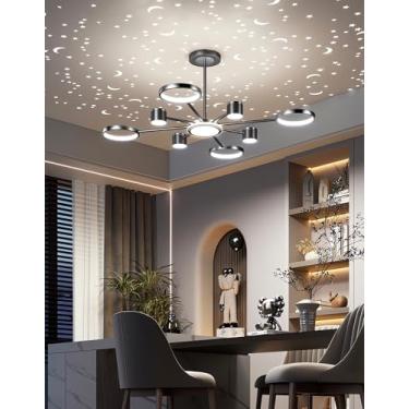 Imagem de Luminária de teto LED moderna para sala de estar, com iluminação regulável, cabeça giratória de 360°, controle remoto e efeito estrela, ideal para mesa de jantar, sala de estar e quarto (8+1