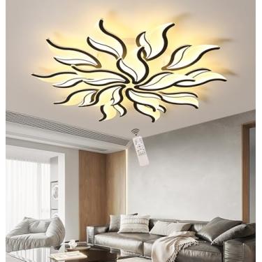 Imagem de Luminária de teto LED, regulável, para sala de estar, quarto, com controle remoto, design moderno e criativo em formato de flor, lustre de embutir para quarto (preto, 100 cm de diâmetro/80 W