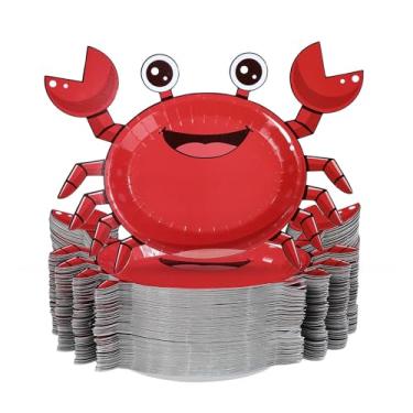 Imagem de 100 peças de pratos de papel de caranguejo, 22 x 20 cm, resistentes, caranguejo vermelho, pratos de sobremesa, pratos descartáveis de frutos do mar, ferver, jantar, servir para festas de verão, oceano