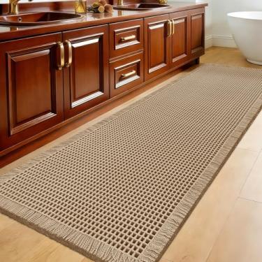 Imagem de ACCUMTEK Tapete de banheiro de waffle atualizado, 1,6 m x 5 cm, bege, super absorvente, antiderrapante, secagem rápida, tapetes de banheiro com borlas, laváveis à máquina, ultramacios, tapetes para